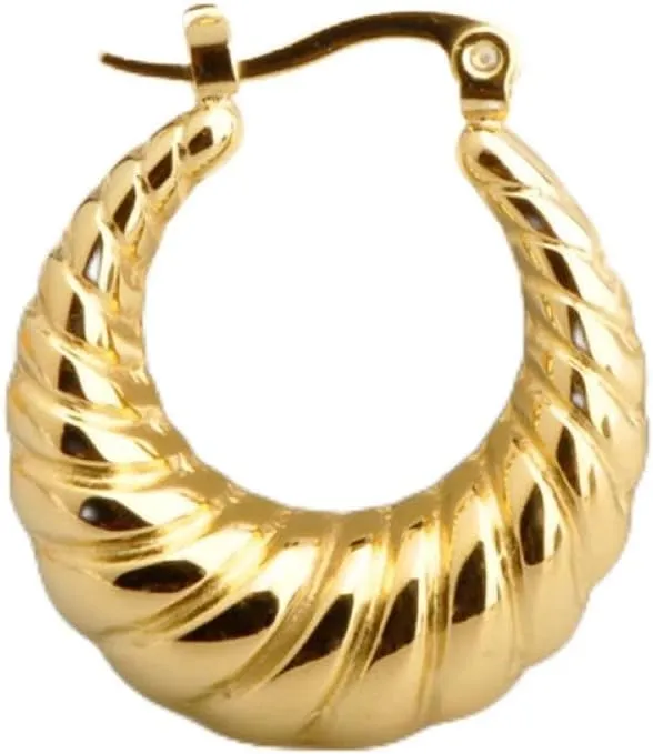 925 Sterling Silver Shrimp-textured Medium Oval Hoop Earrings 14K Gold Plated Chunky Hoop Earrings Set for Women Hypoallergenic with Hinged Clasp | Various Sizes for Women and