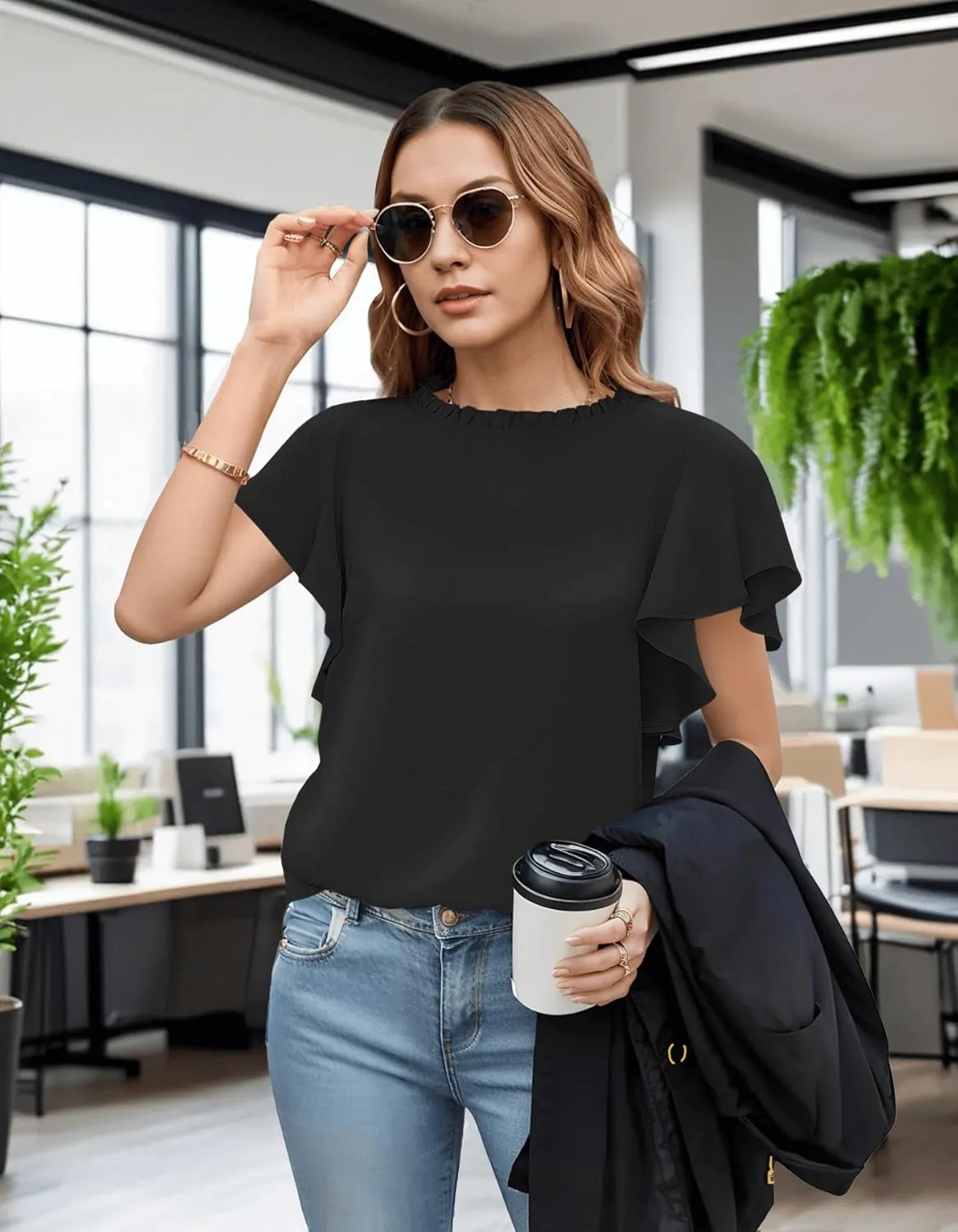 Aifer Womens Summer Ruffle Short Sleeve Dressy Casual Blouses Mock Neck Tops Elegant Work Shirts