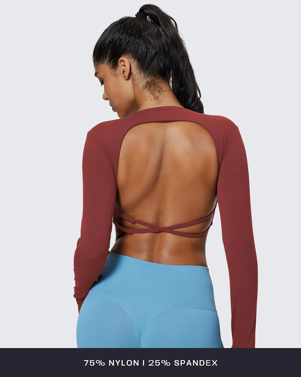 Aoxjox Long Sleeve Deep V Crop Tops for Women Sienna Open Back Thumb Hole Workout Cropped T Shirt Top