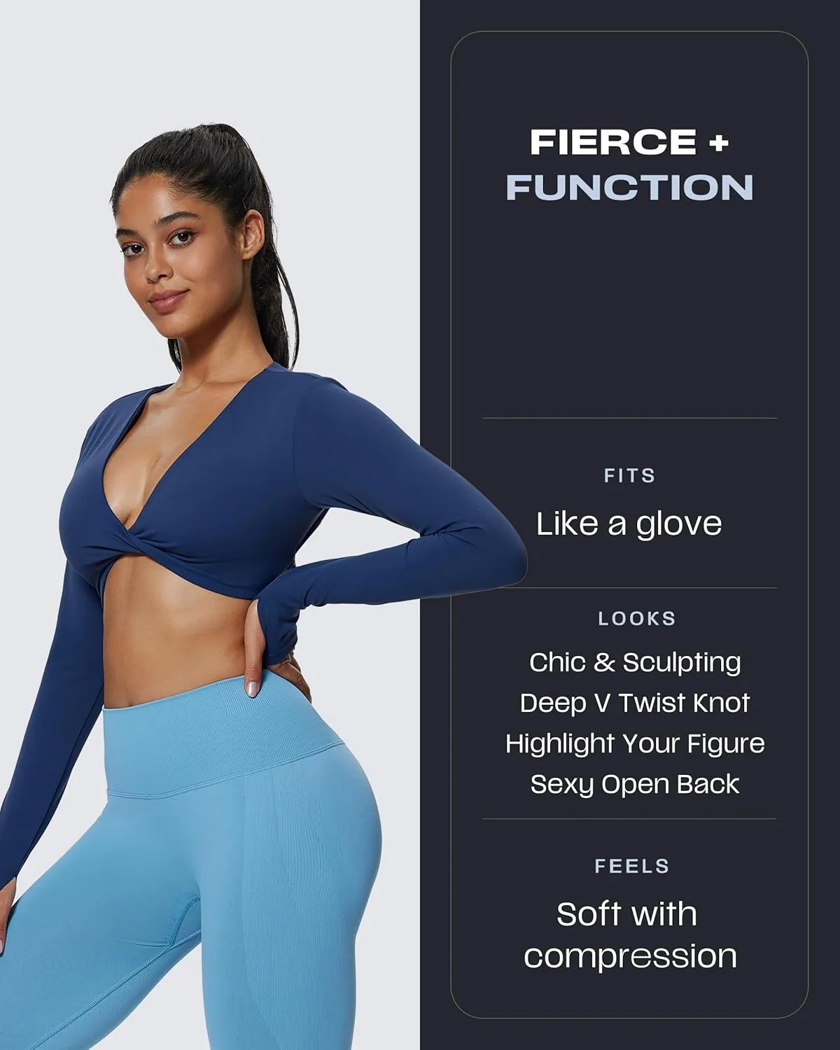Aoxjox Long Sleeve Deep V Crop Tops for Women Sienna Open Back Thumb Hole Workout Cropped T Shirt Top