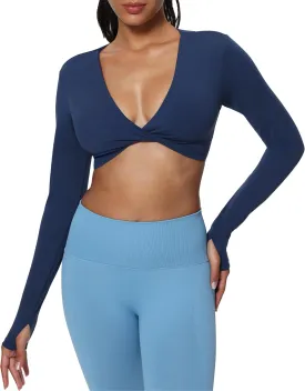 Aoxjox Long Sleeve Deep V Crop Tops for Women Sienna Open Back Thumb Hole Workout Cropped T Shirt Top