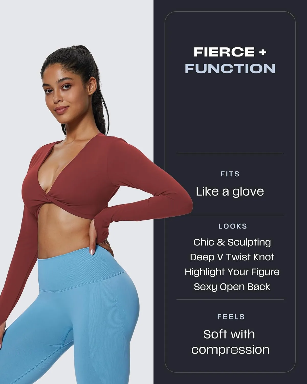 Aoxjox Long Sleeve Deep V Crop Tops for Women Sienna Open Back Thumb Hole Workout Cropped T Shirt Top