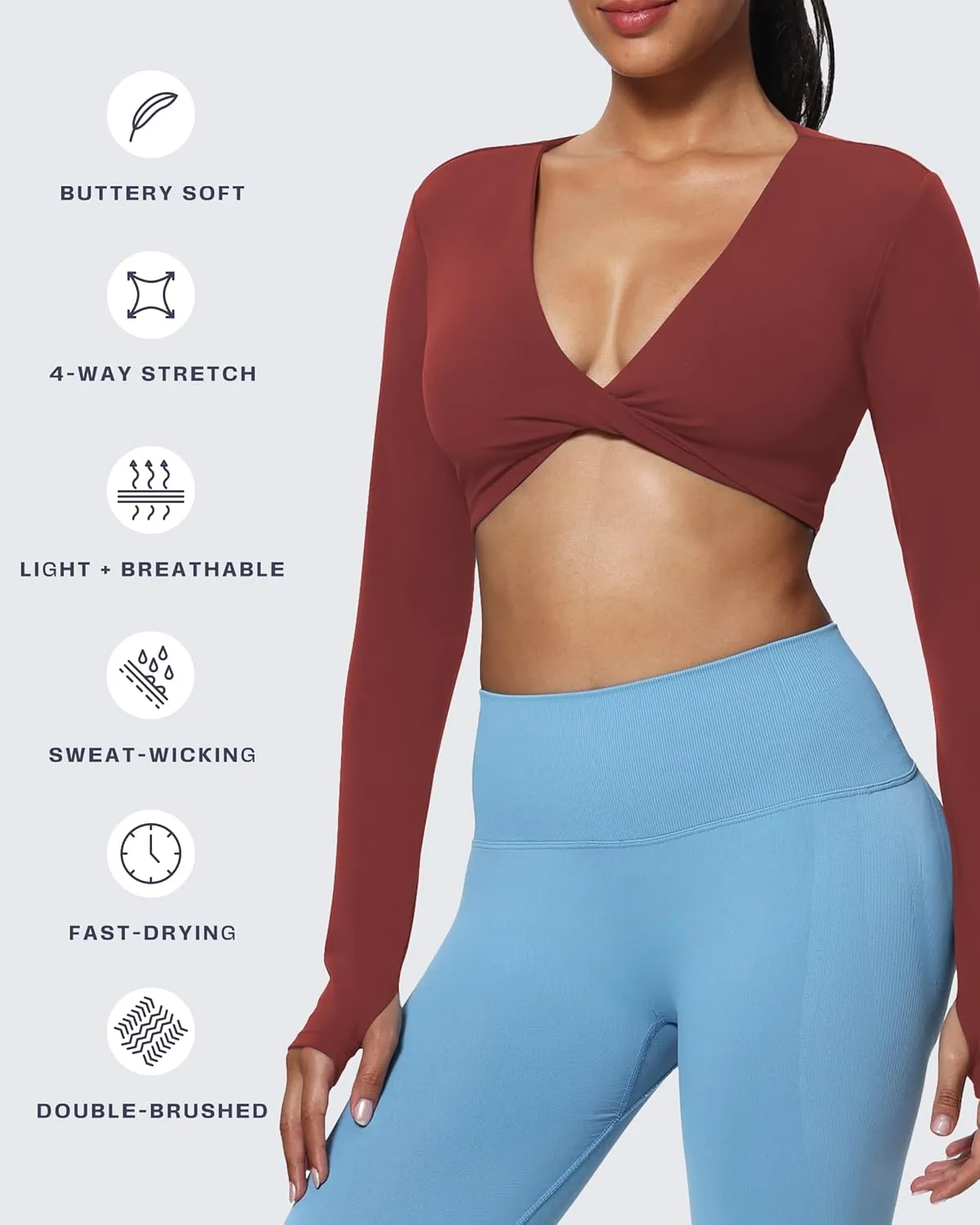 Aoxjox Long Sleeve Deep V Crop Tops for Women Sienna Open Back Thumb Hole Workout Cropped T Shirt Top