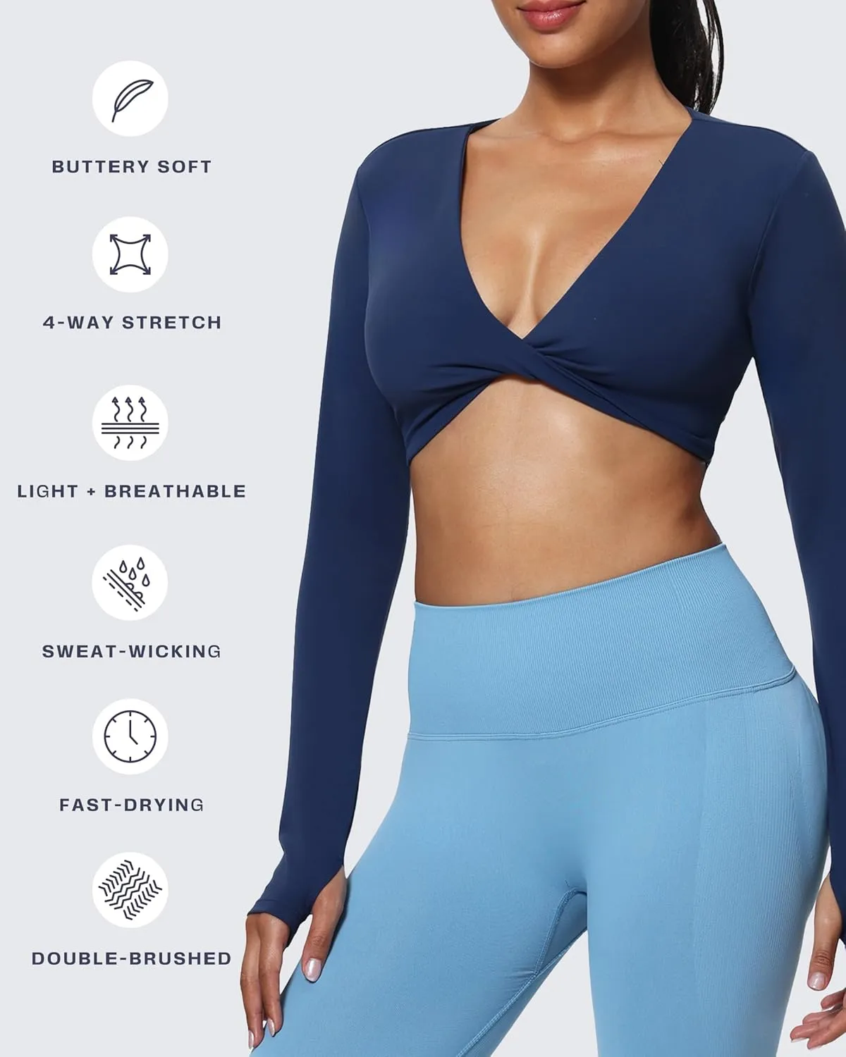 Aoxjox Long Sleeve Deep V Crop Tops for Women Sienna Open Back Thumb Hole Workout Cropped T Shirt Top