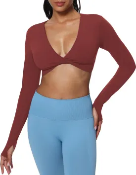 Aoxjox Long Sleeve Deep V Crop Tops for Women Sienna Open Back Thumb Hole Workout Cropped T Shirt Top