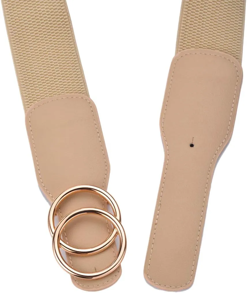 Beltox Womens Elastic Stretch Wide Waist Belts w Double Rings Gold/Silver Buckle