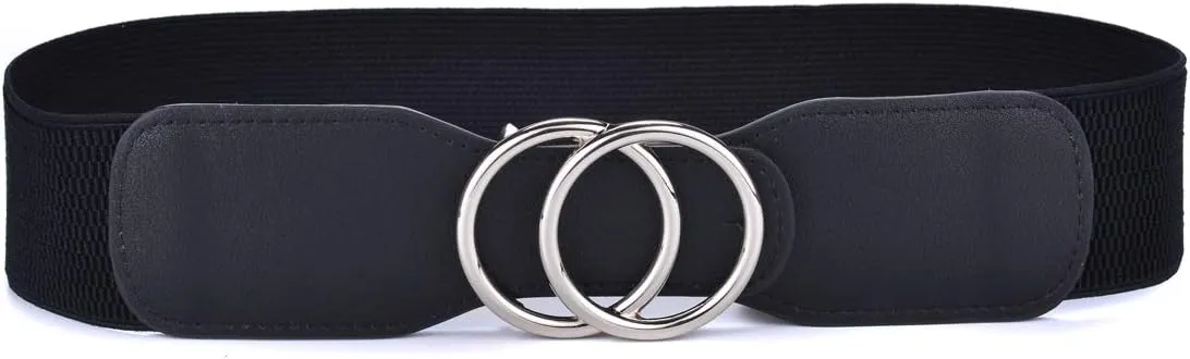 Beltox Womens Elastic Stretch Wide Waist Belts w Double Rings Gold/Silver Buckle