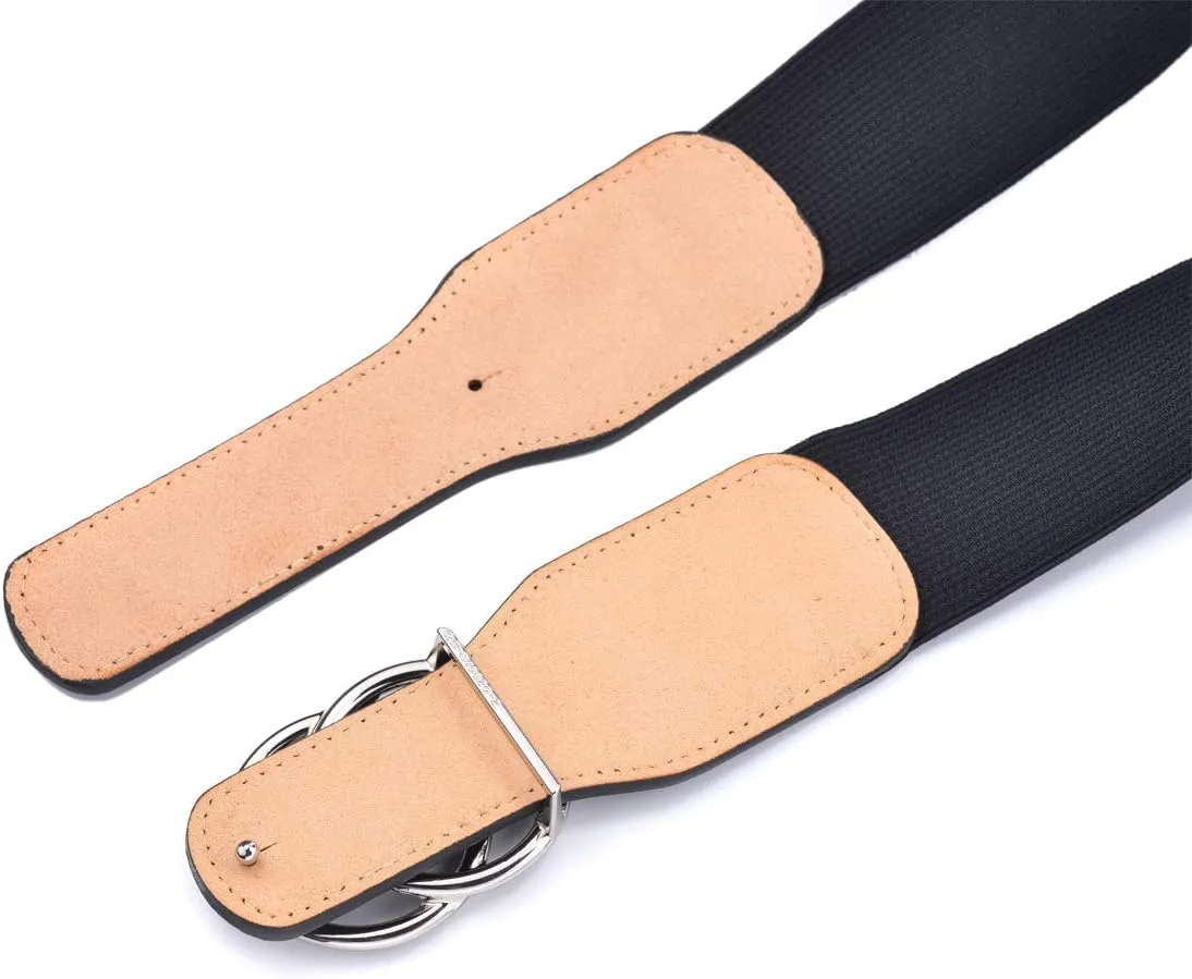 Beltox Womens Elastic Stretch Wide Waist Belts w Double Rings Gold/Silver Buckle
