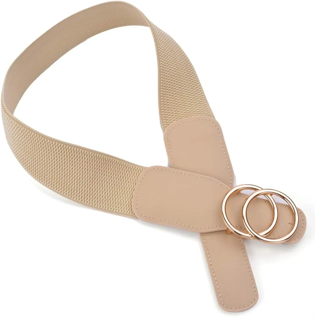 Beltox Womens Elastic Stretch Wide Waist Belts w Double Rings Gold/Silver Buckle