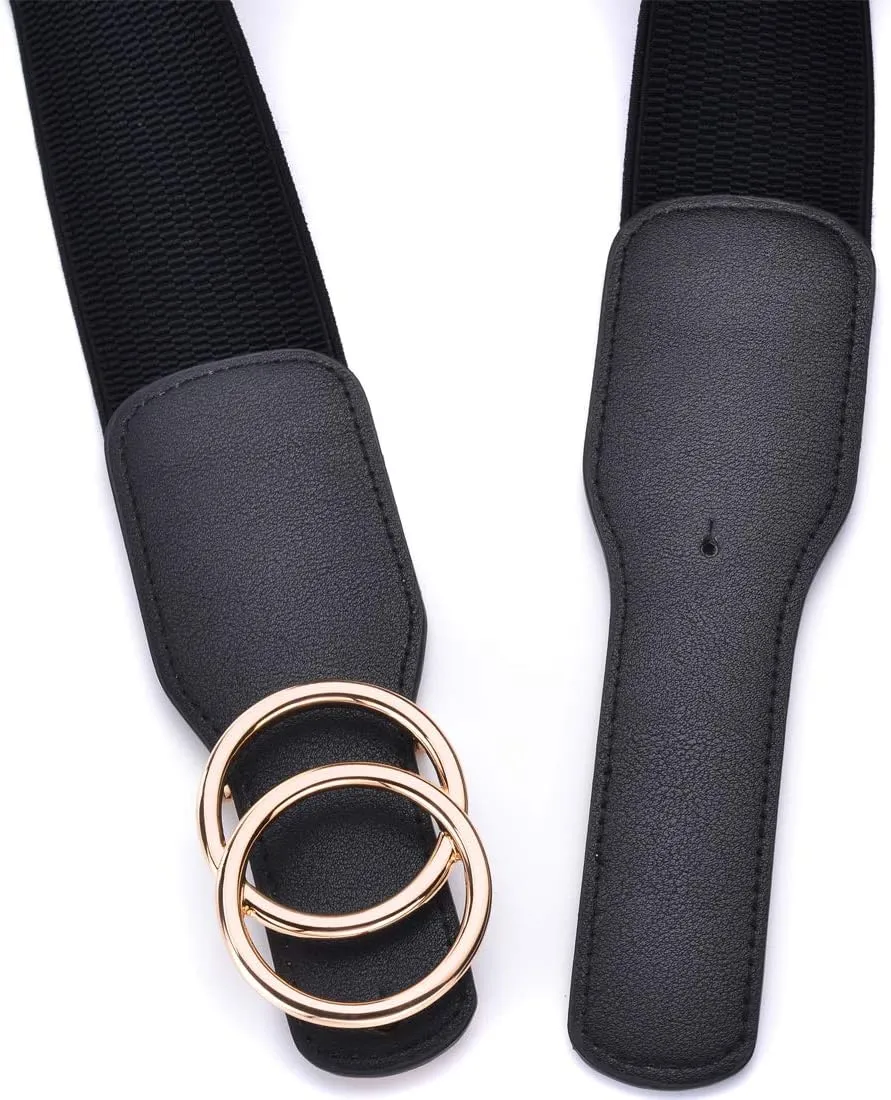 Beltox Womens Elastic Stretch Wide Waist Belts w Double Rings Gold/Silver Buckle