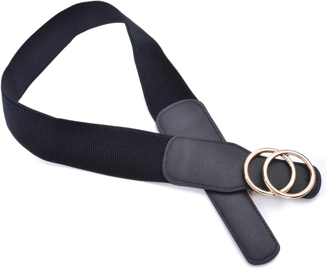 Beltox Womens Elastic Stretch Wide Waist Belts w Double Rings Gold/Silver Buckle