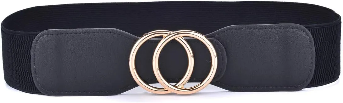 Beltox Womens Elastic Stretch Wide Waist Belts w Double Rings Gold/Silver Buckle