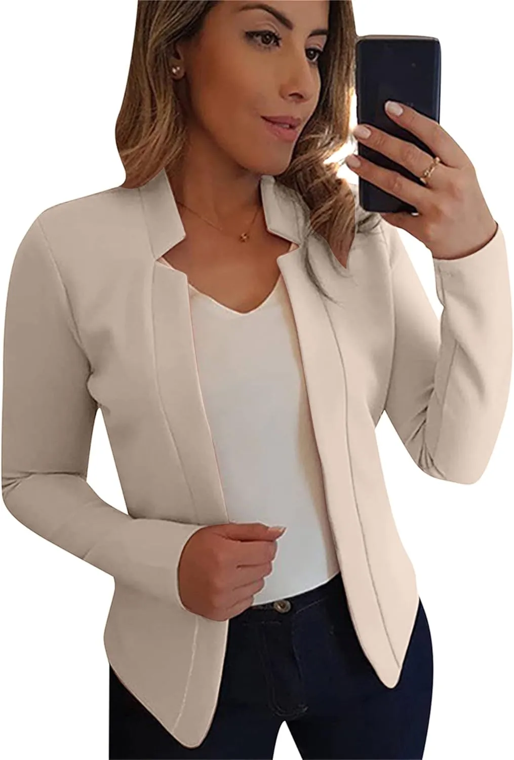 BOFETA Women Lightweight Long Sleeve Blazer Casual Open Front Business Blazer Notched Collar Slim Work Office Blazer