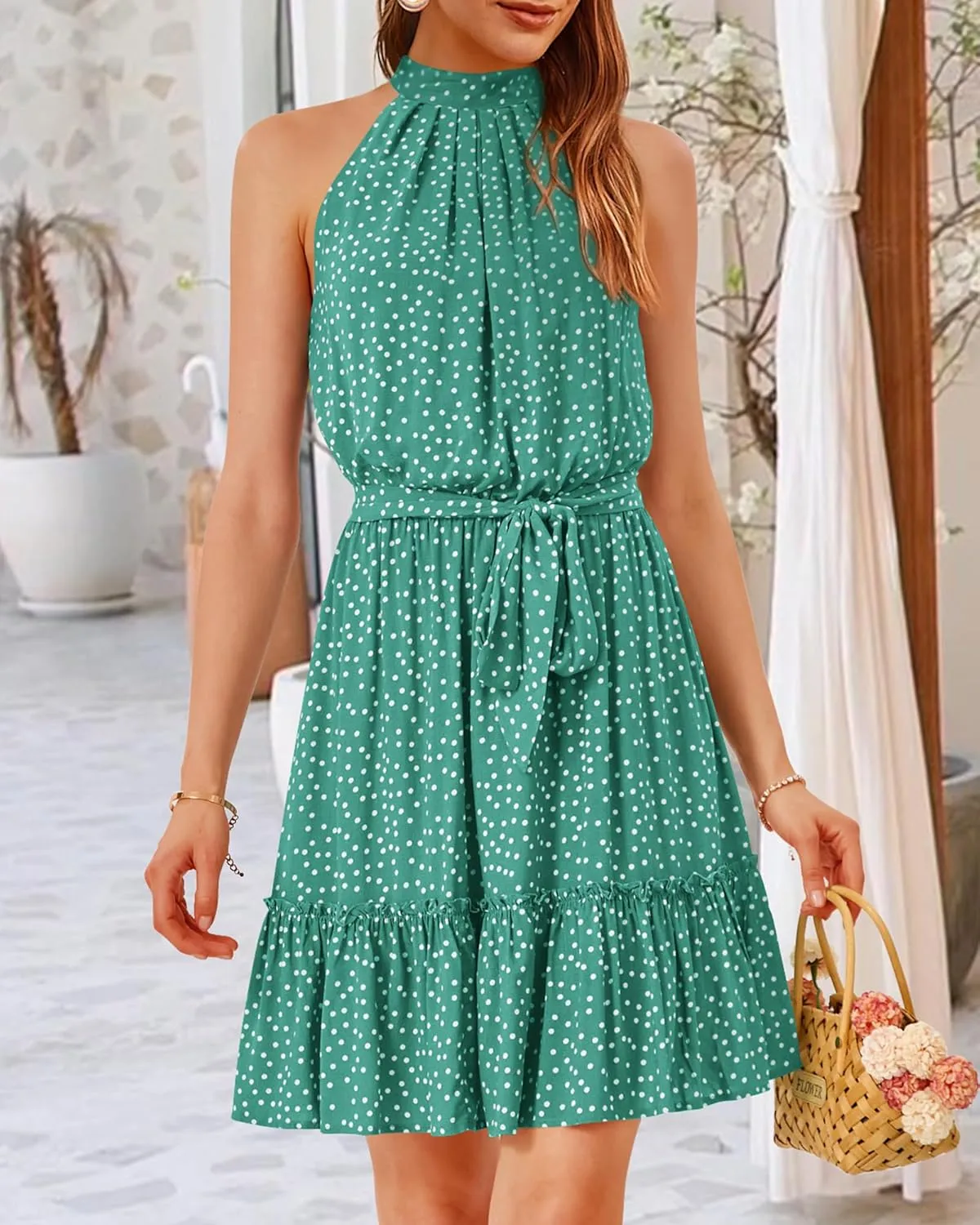 BTFBM Women Halter Neck Summer Dresses 2025 Spring Casual Sleeveless Floral Polka Dot Ruffle Mini Boho Beach Sun Dress
