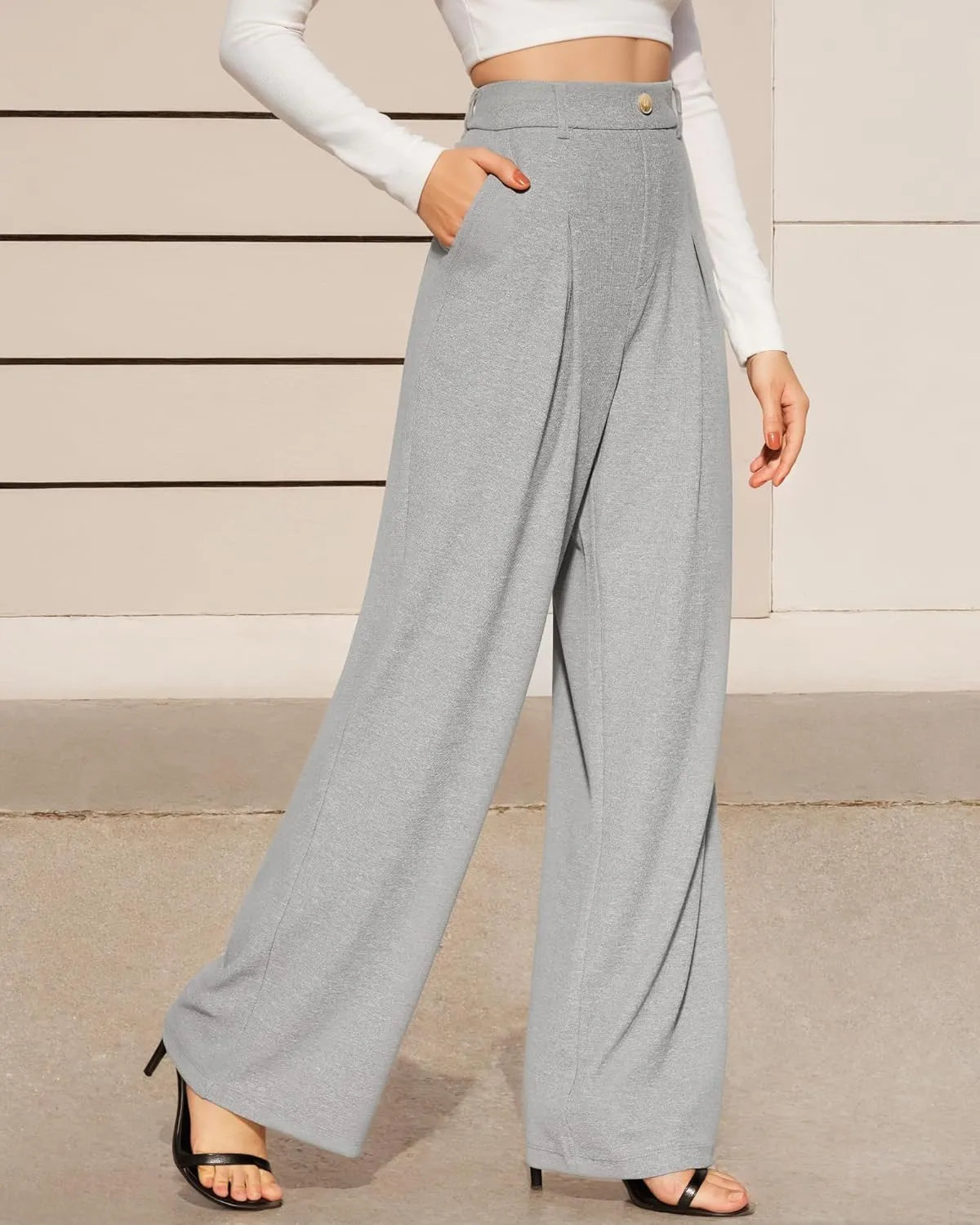 CLOZOZ Women's High Waist Straight Leg Casual Pants Stretchy Faux Front Waffle Knit Wide Leg Dressy Pant