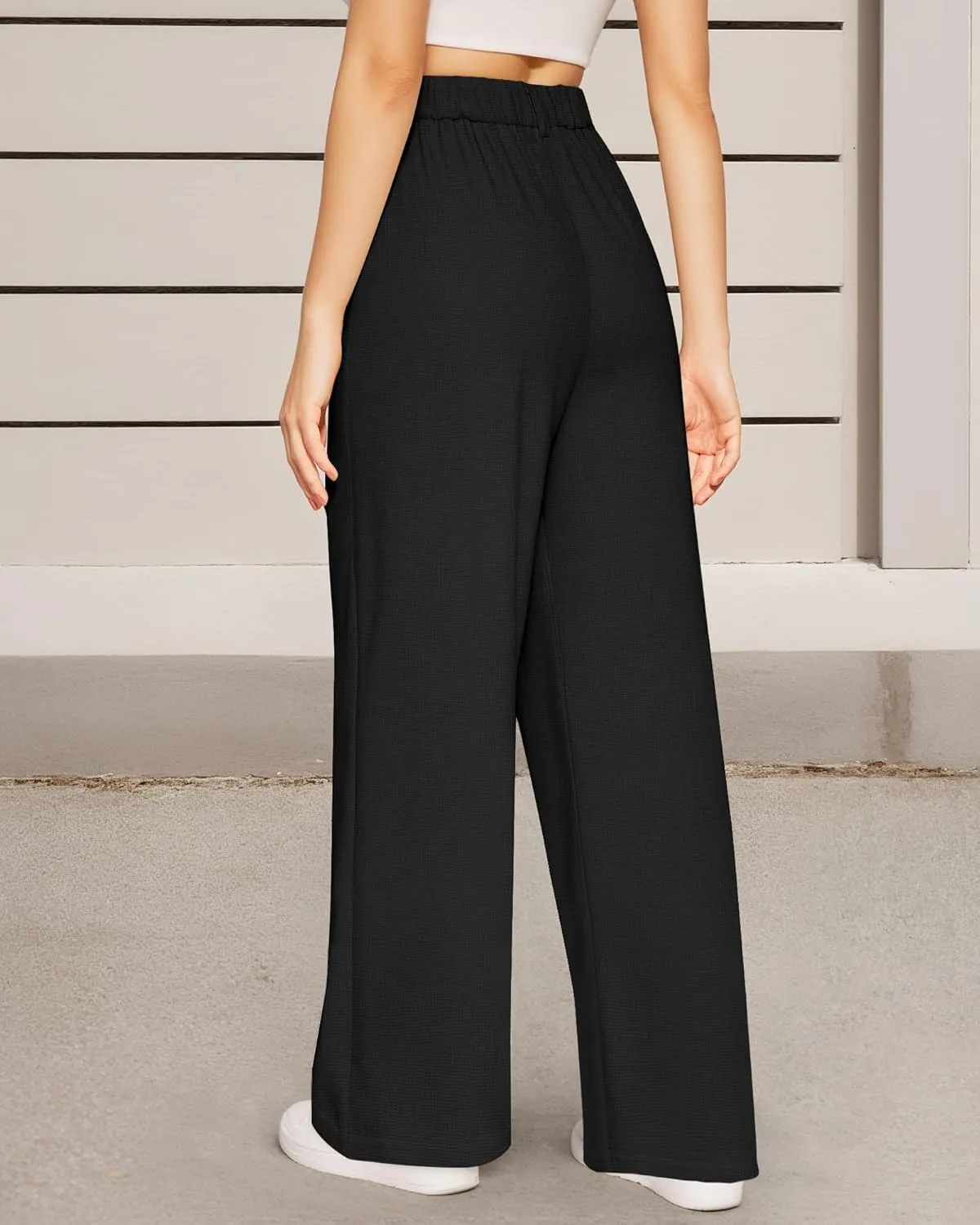 CLOZOZ Women's High Waist Straight Leg Casual Pants Stretchy Faux Front Waffle Knit Wide Leg Dressy Pant