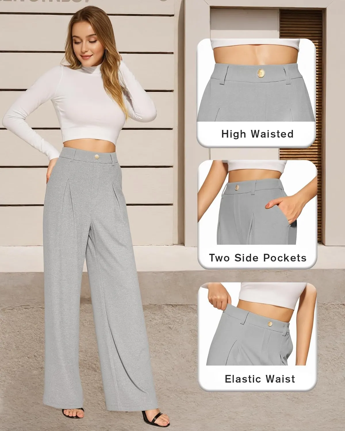 CLOZOZ Women's High Waist Straight Leg Casual Pants Stretchy Faux Front Waffle Knit Wide Leg Dressy Pant