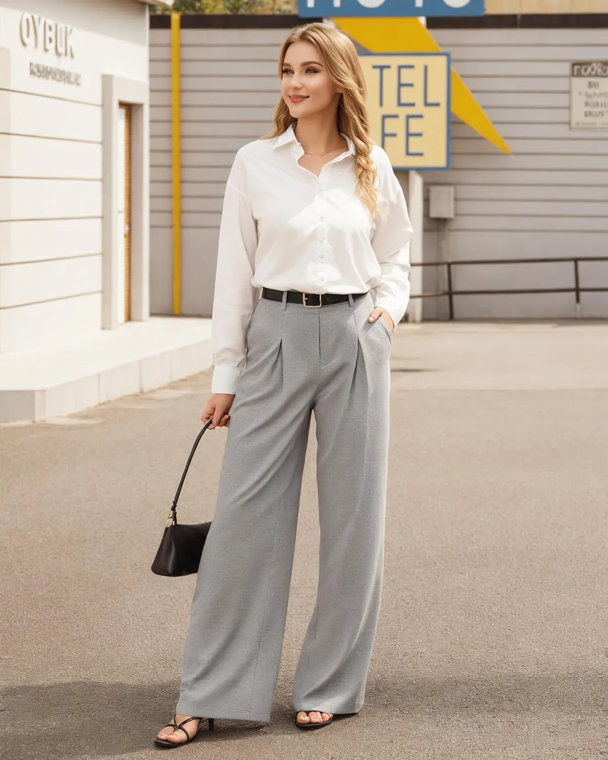 CLOZOZ Women's High Waist Straight Leg Casual Pants Stretchy Faux Front Waffle Knit Wide Leg Dressy Pant