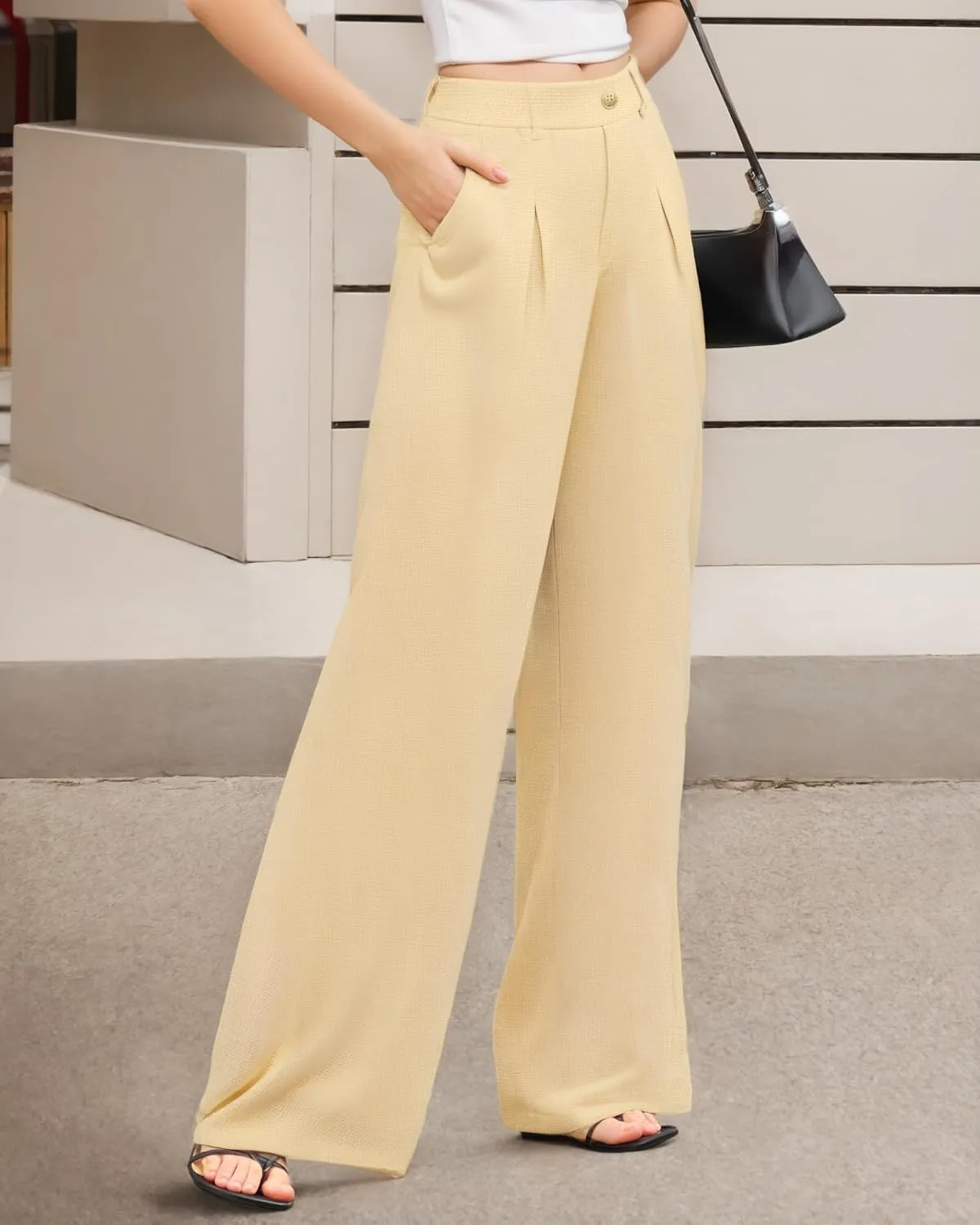 CLOZOZ Women's High Waist Straight Leg Casual Pants Stretchy Faux Front Waffle Knit Wide Leg Dressy Pant