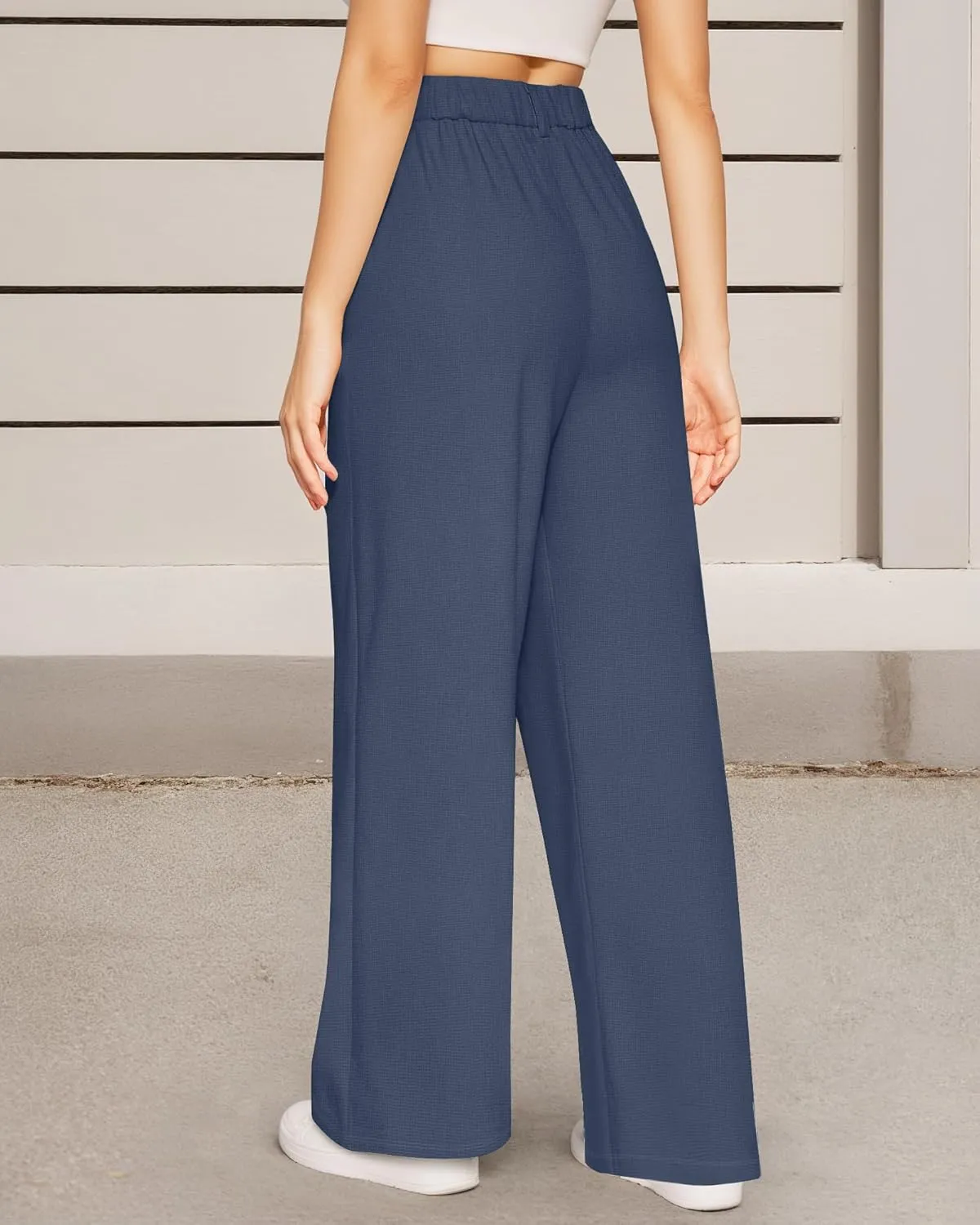 CLOZOZ Women's High Waist Straight Leg Casual Pants Stretchy Faux Front Waffle Knit Wide Leg Dressy Pant