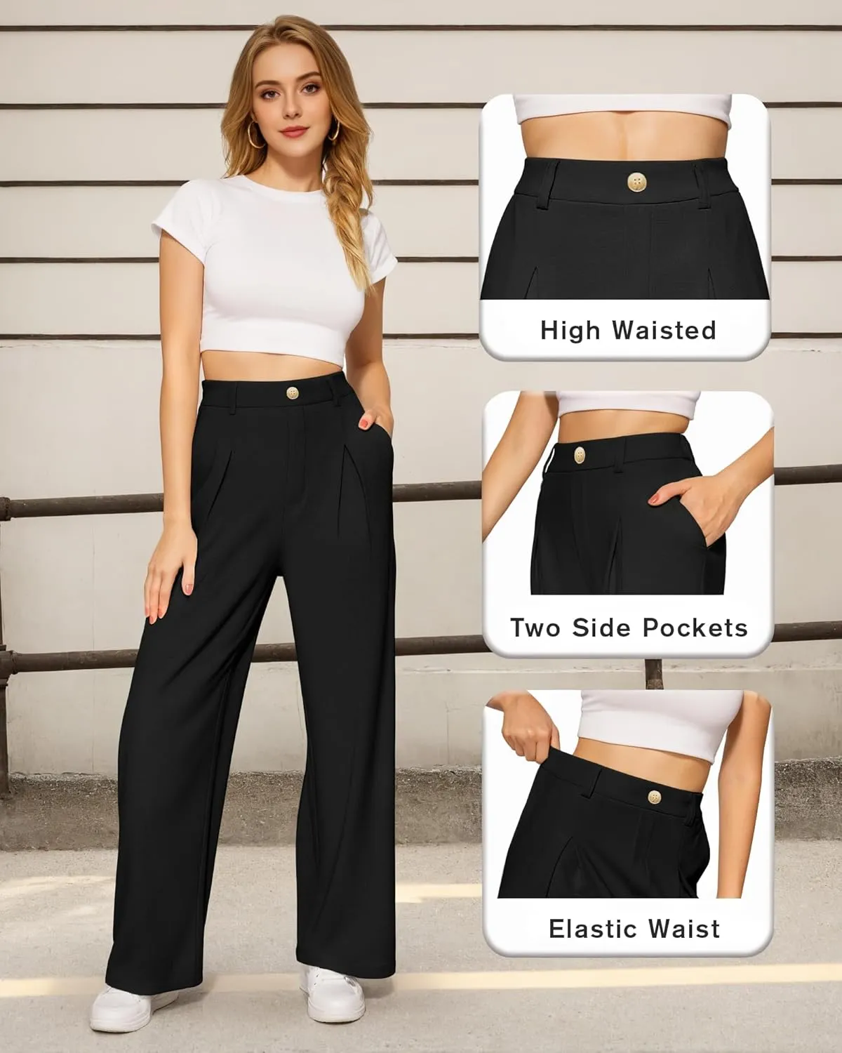 CLOZOZ Women's High Waist Straight Leg Casual Pants Stretchy Faux Front Waffle Knit Wide Leg Dressy Pant