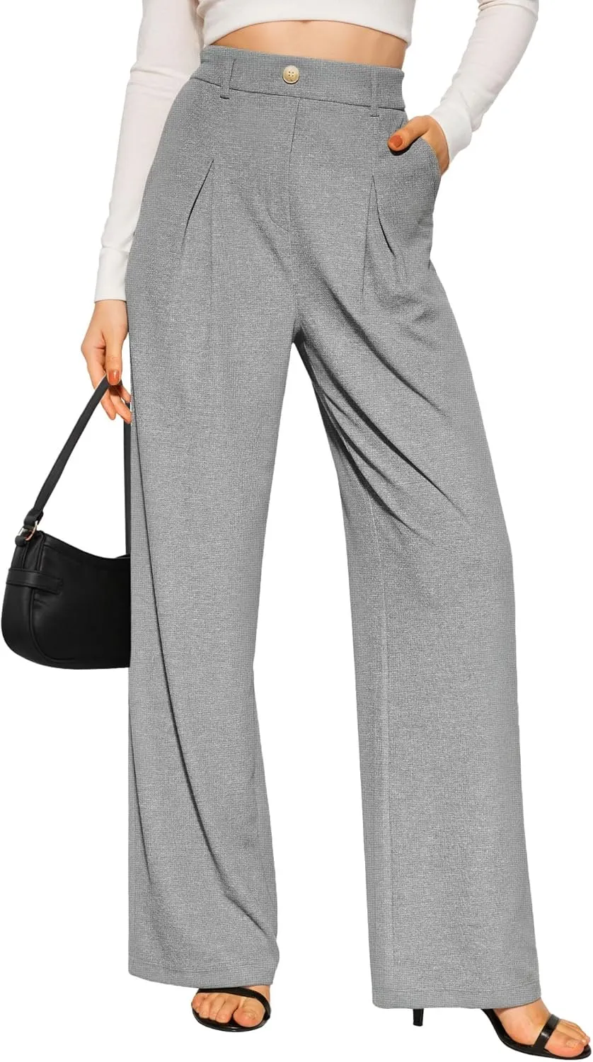 CLOZOZ Women's High Waist Straight Leg Casual Pants Stretchy Faux Front Waffle Knit Wide Leg Dressy Pant