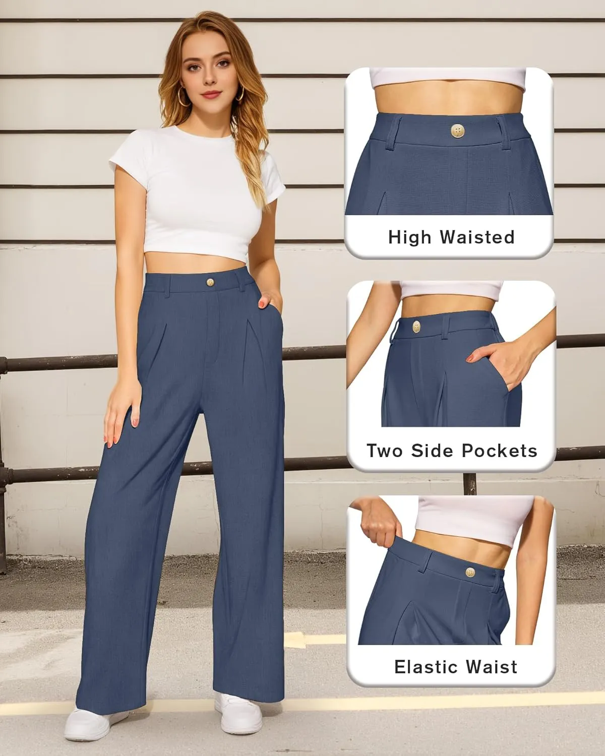 CLOZOZ Women's High Waist Straight Leg Casual Pants Stretchy Faux Front Waffle Knit Wide Leg Dressy Pant