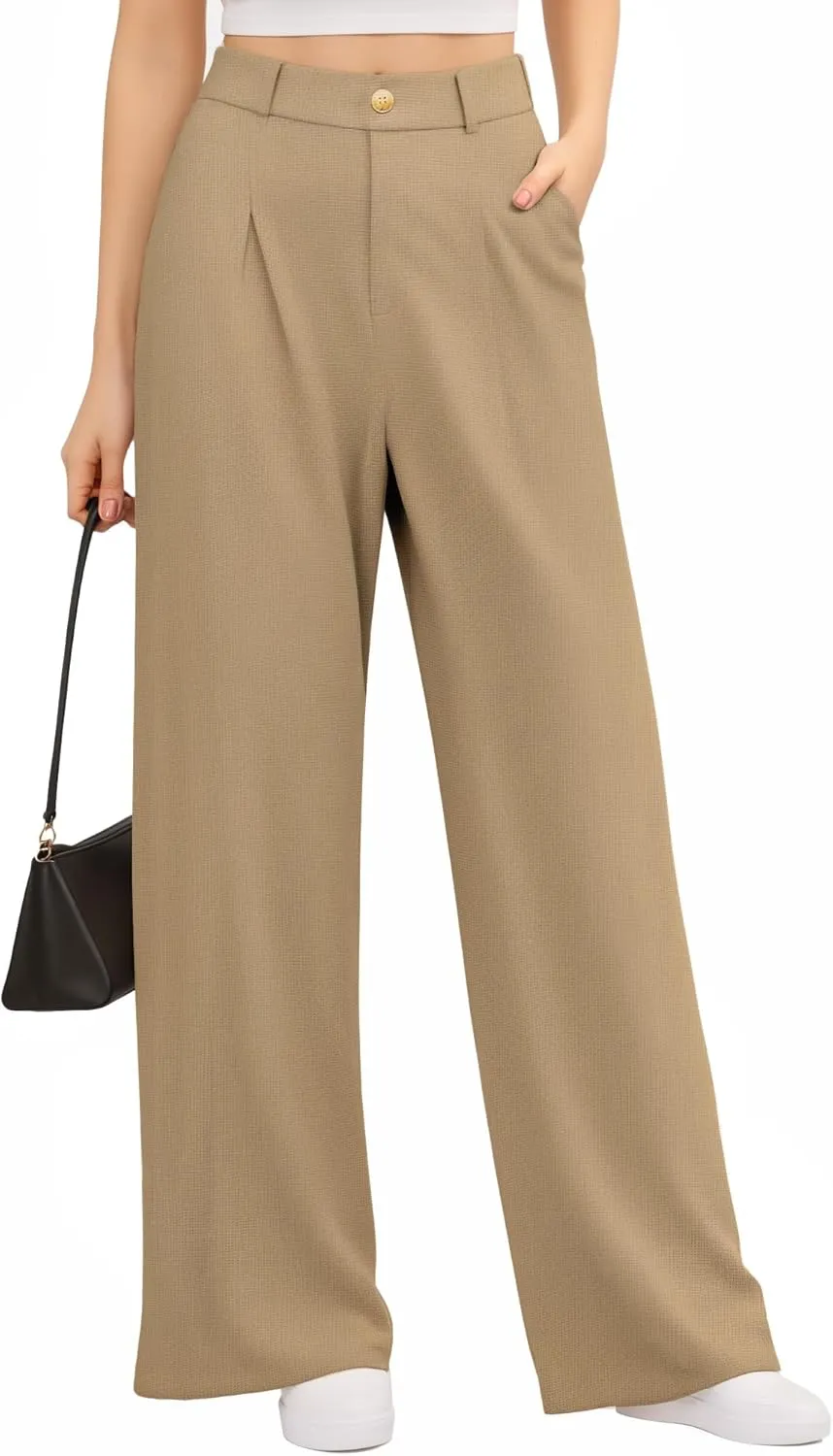 CLOZOZ Women's High Waist Straight Leg Casual Pants Stretchy Faux Front Waffle Knit Wide Leg Dressy Pant