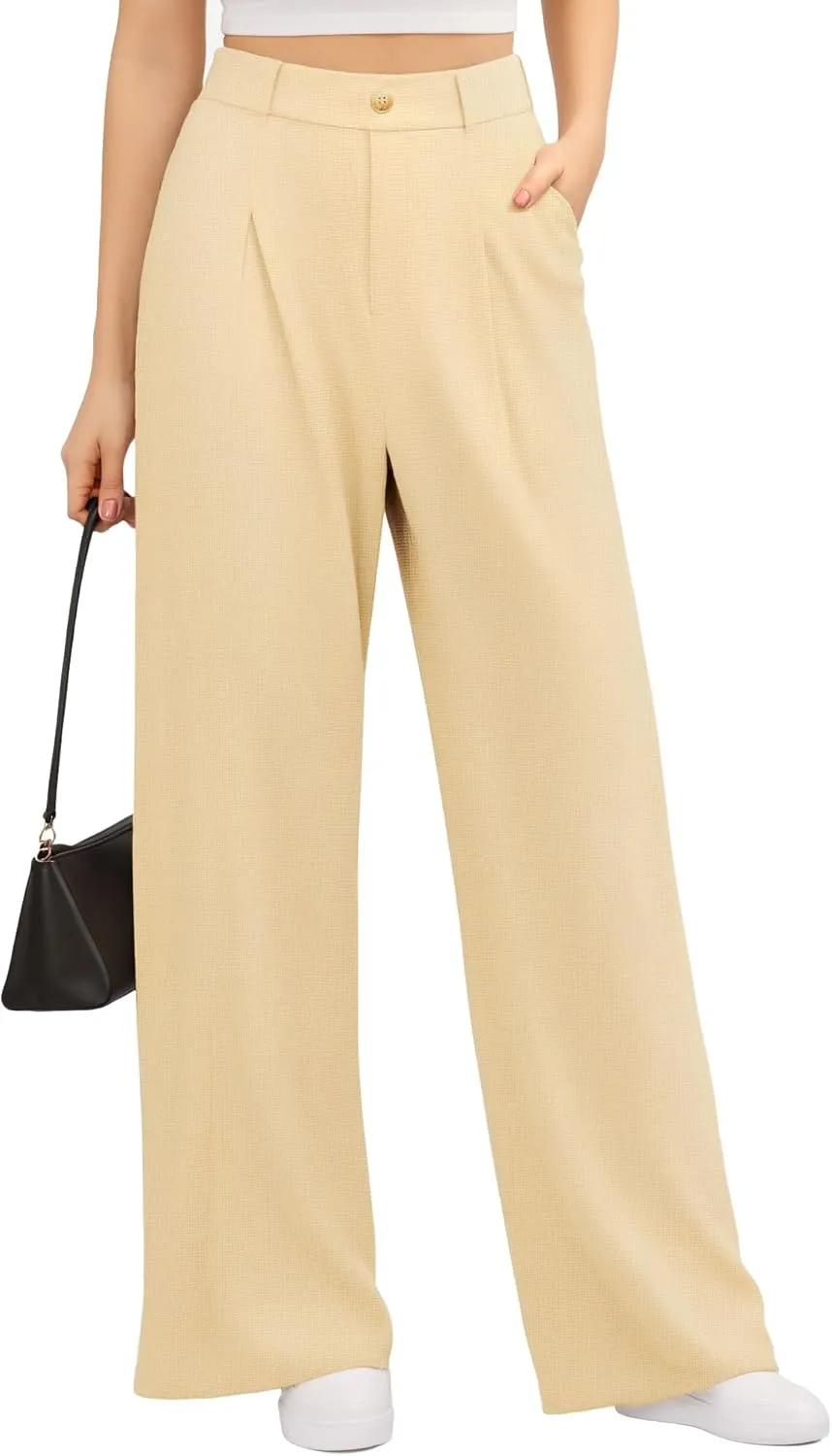 CLOZOZ Women's High Waist Straight Leg Casual Pants Stretchy Faux Front Waffle Knit Wide Leg Dressy Pant