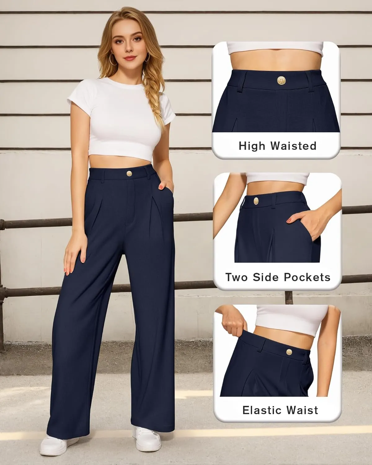 CLOZOZ Women's High Waist Straight Leg Casual Pants Stretchy Faux Front Waffle Knit Wide Leg Dressy Pant