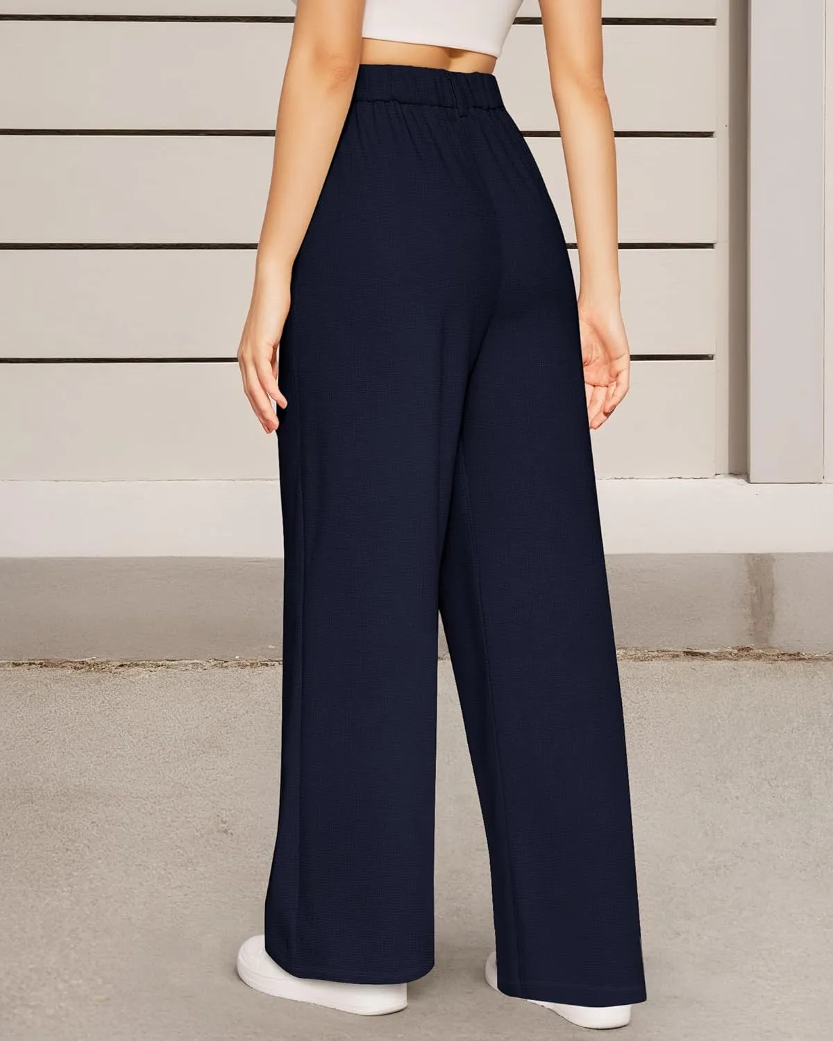 CLOZOZ Women's High Waist Straight Leg Casual Pants Stretchy Faux Front Waffle Knit Wide Leg Dressy Pant