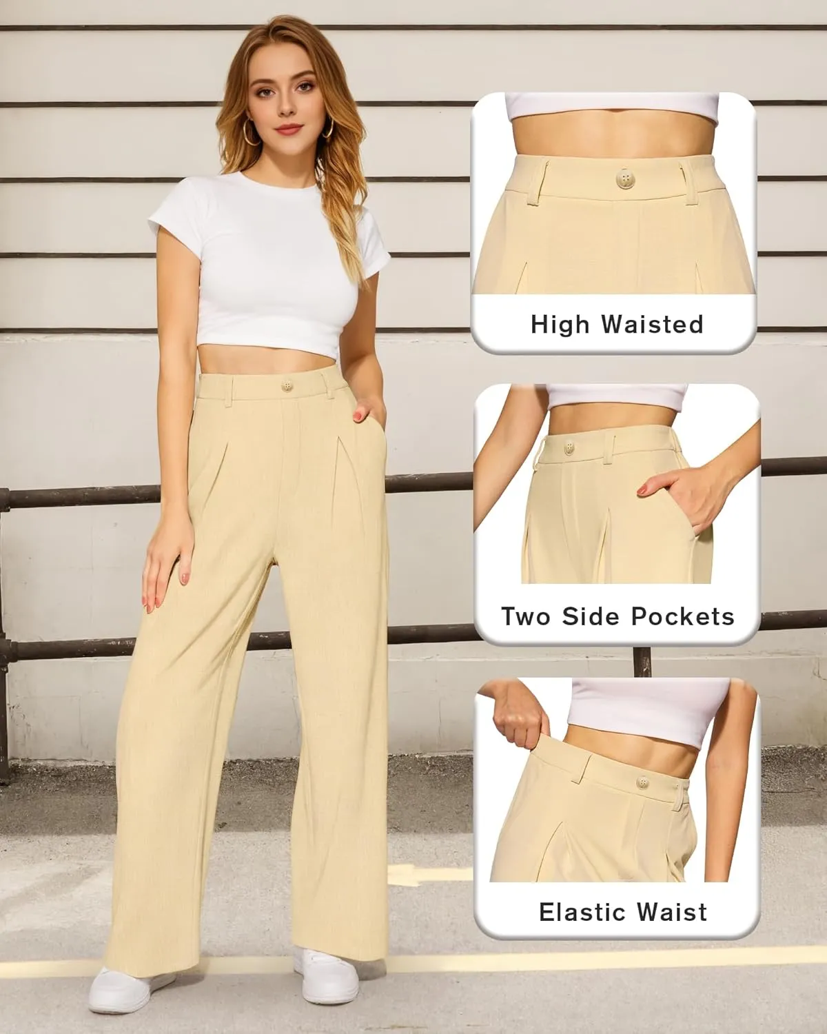 CLOZOZ Women's High Waist Straight Leg Casual Pants Stretchy Faux Front Waffle Knit Wide Leg Dressy Pant