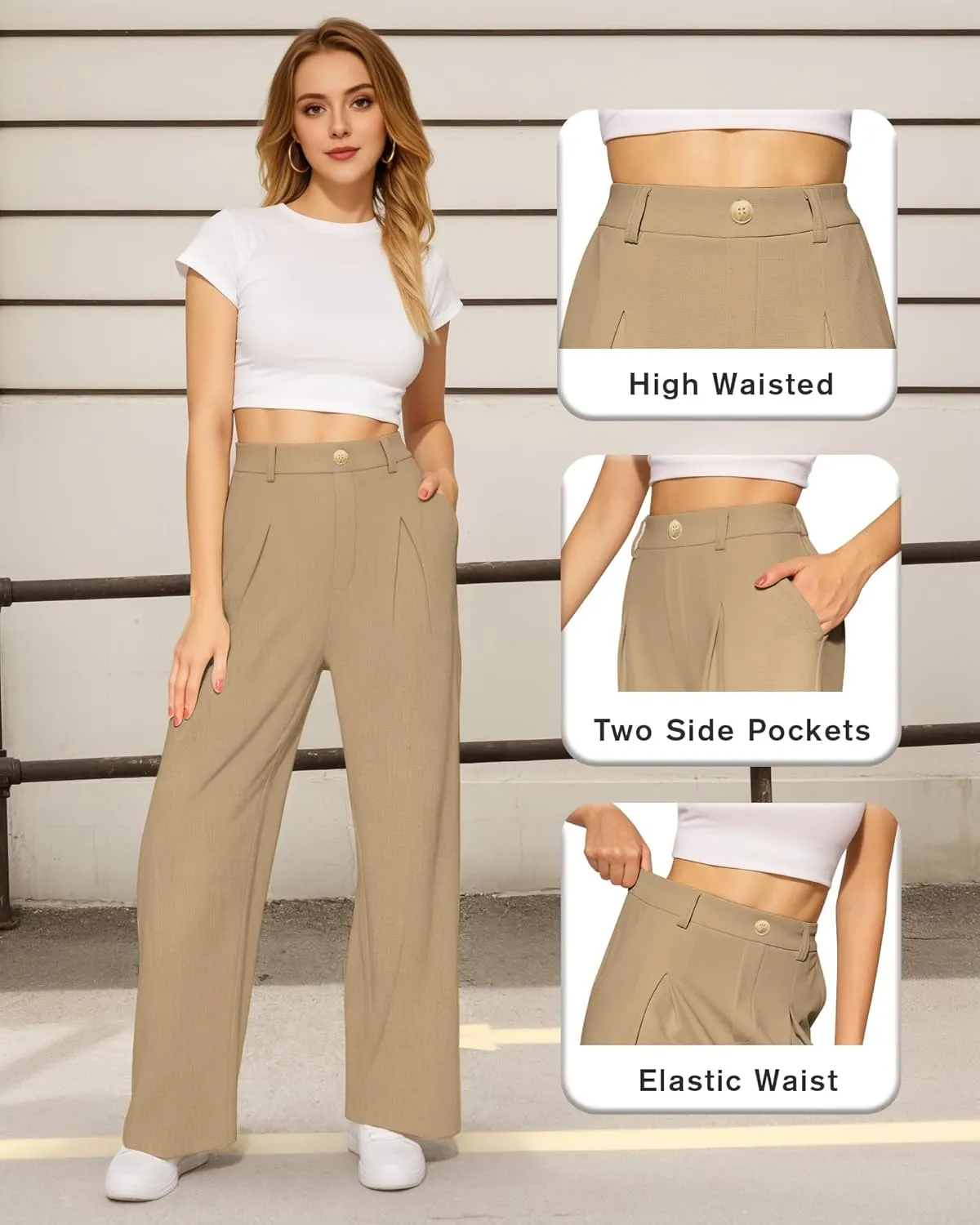 CLOZOZ Women's High Waist Straight Leg Casual Pants Stretchy Faux Front Waffle Knit Wide Leg Dressy Pant