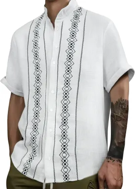 CRNTCEM Mens Button Down Boho Beach Shirts Cotton Linen Tropical Holiday Shirts Short Sleeve Floral Striped Casual Shirt