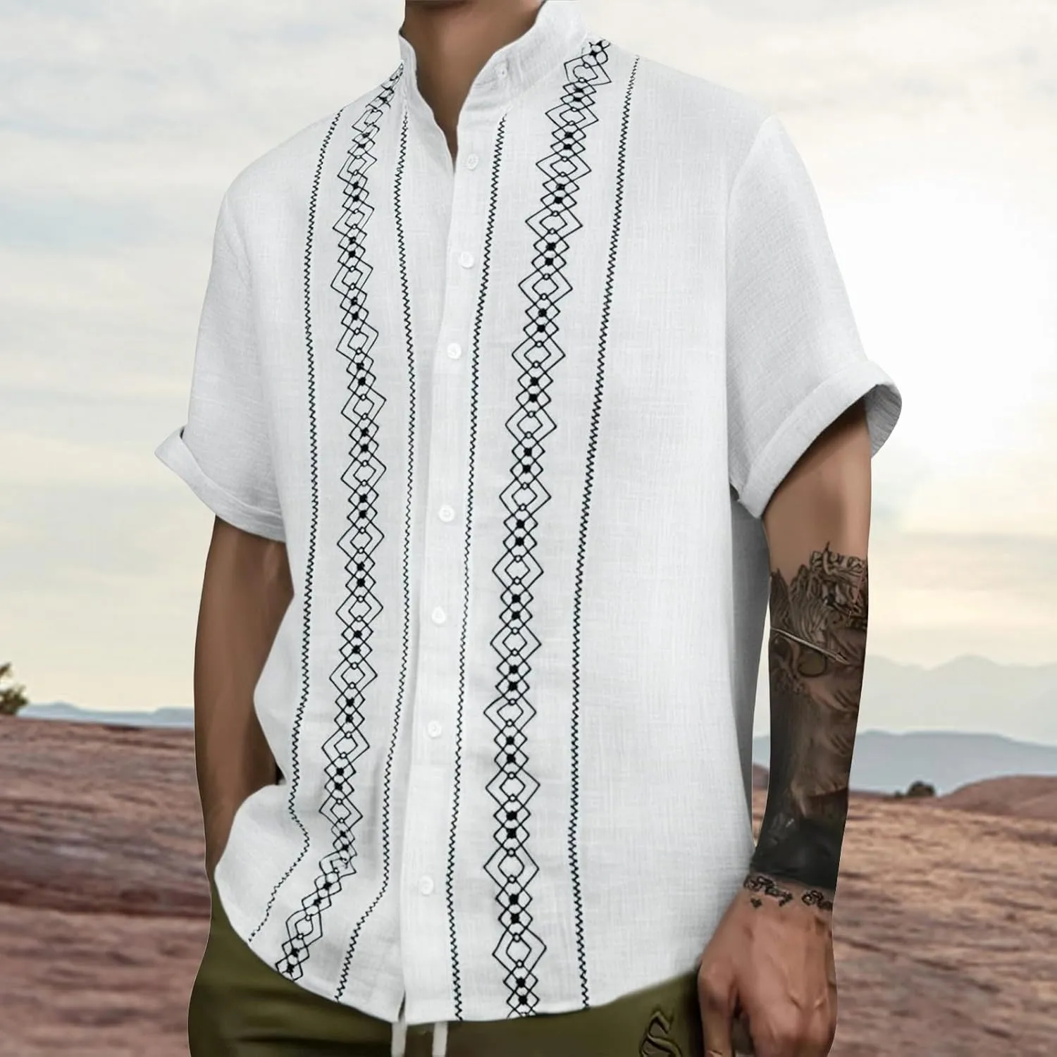 CRNTCEM Mens Button Down Boho Beach Shirts Cotton Linen Tropical Holiday Shirts Short Sleeve Floral Striped Casual Shirt