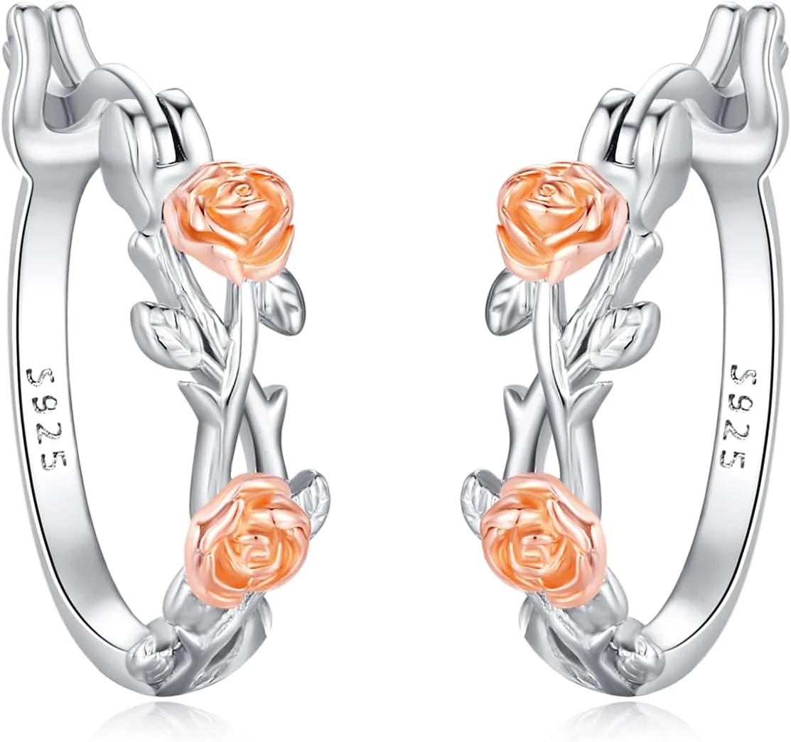 Flower Earrings for Women S925 Sterling Silver Rose/Daisy/Chrysanthemum Hoop Earrings Rose Gold Small Hoop Earrings Flower Earrings Jewelry Gifts for Birthday Christmas