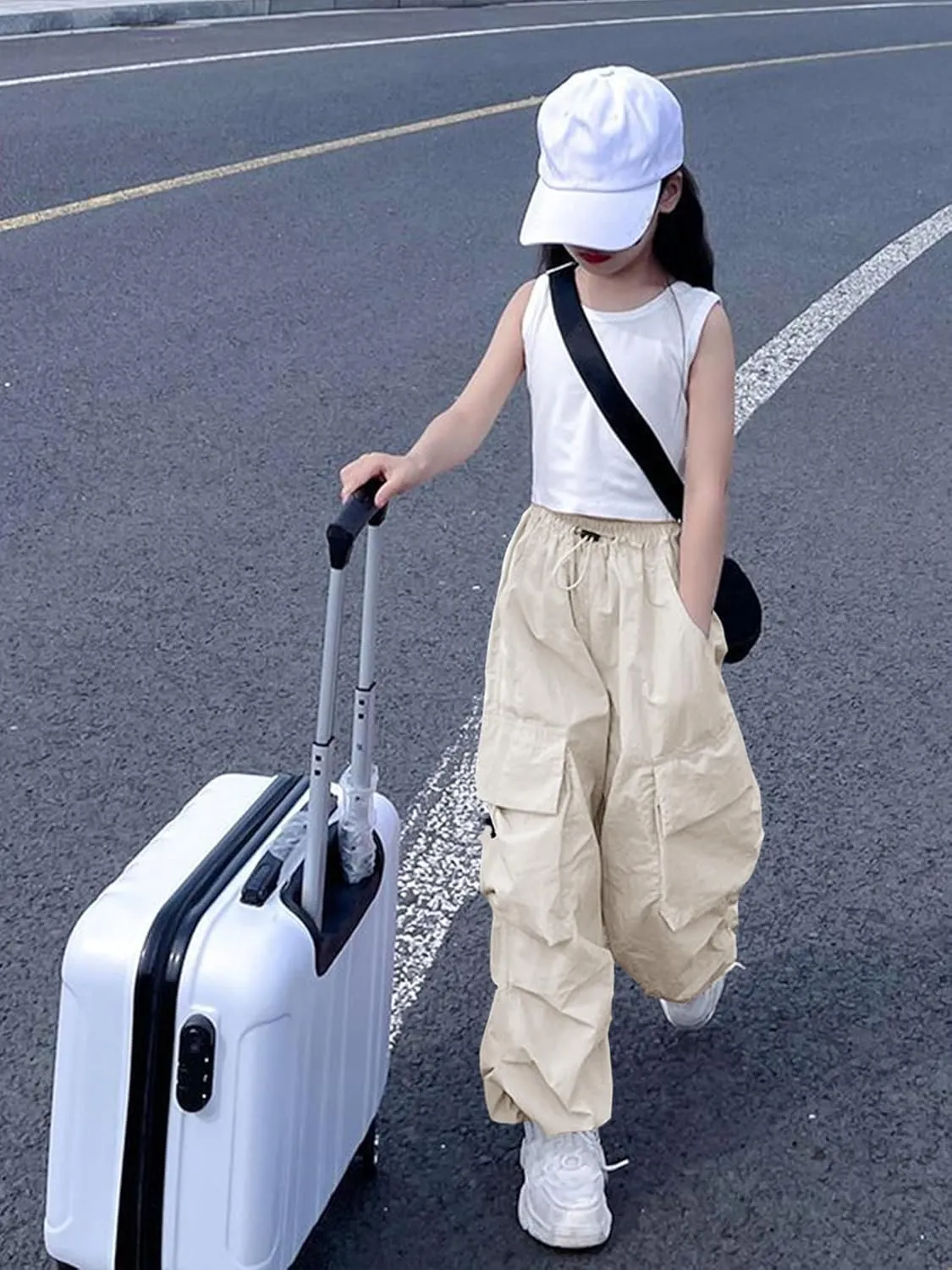 Girls Cargo Pants Elastic Waist Drawstring with Pockets Pants, 6-14 Years