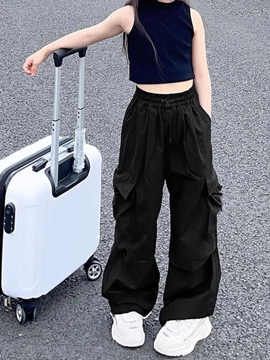 Girls Cargo Pants Elastic Waist Drawstring with Pockets Pants, 6-14 Years