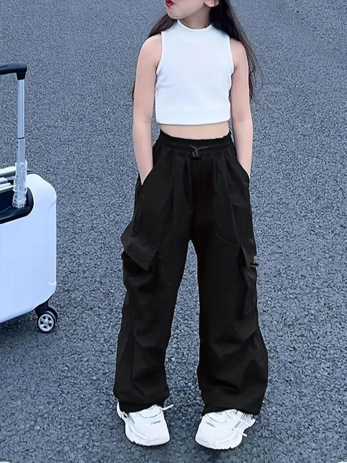 Girls Cargo Pants Elastic Waist Drawstring with Pockets Pants, 6-14 Years