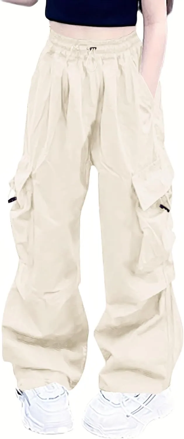 Girls Cargo Pants Elastic Waist Drawstring with Pockets Pants, 6-14 Years