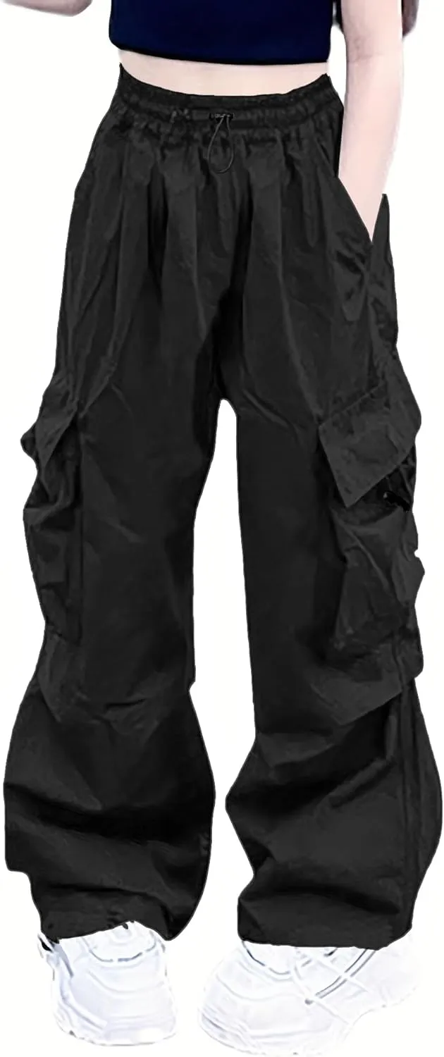 Girls Cargo Pants Elastic Waist Drawstring with Pockets Pants, 6-14 Years