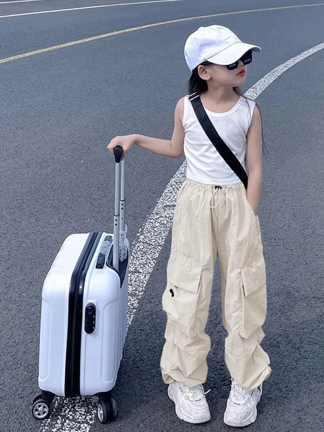 Girls Cargo Pants Elastic Waist Drawstring with Pockets Pants, 6-14 Years