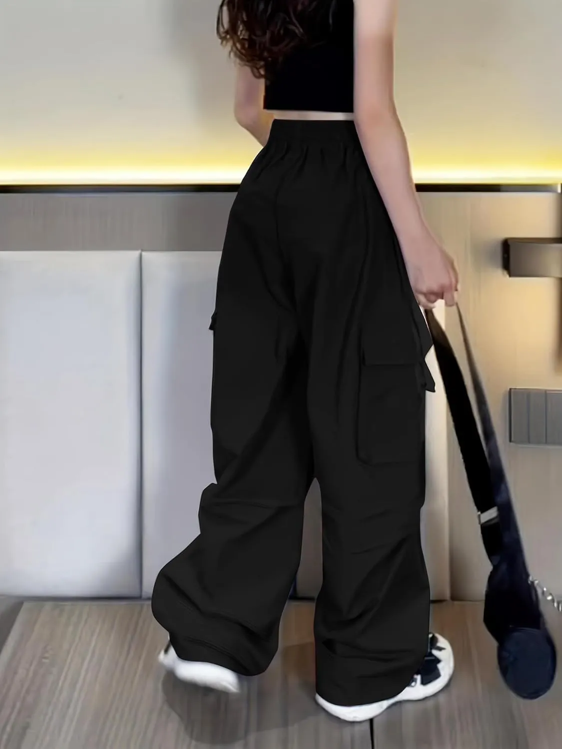 Girls Cargo Pants Elastic Waist Drawstring with Pockets Pants, 6-14 Years