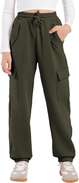 Girls Cargo Pants Joggers, Quick Dry Casual Hiking Pants Slim Fit with Pockets Drawstring High Waisted, 8-14Y