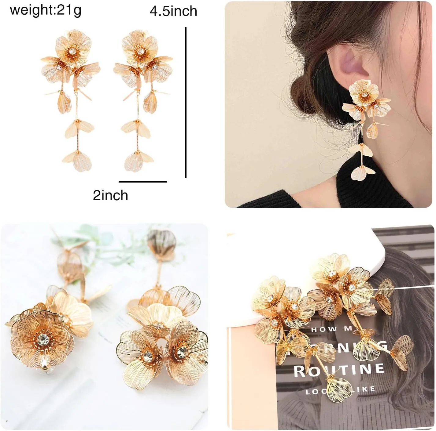 Gold Metal Flower Long Tassel Earrings for Women Crystal Floral Drop Dangle Earrings Statement Bar Ear Drop for Women Bohemian Jewelry for Women