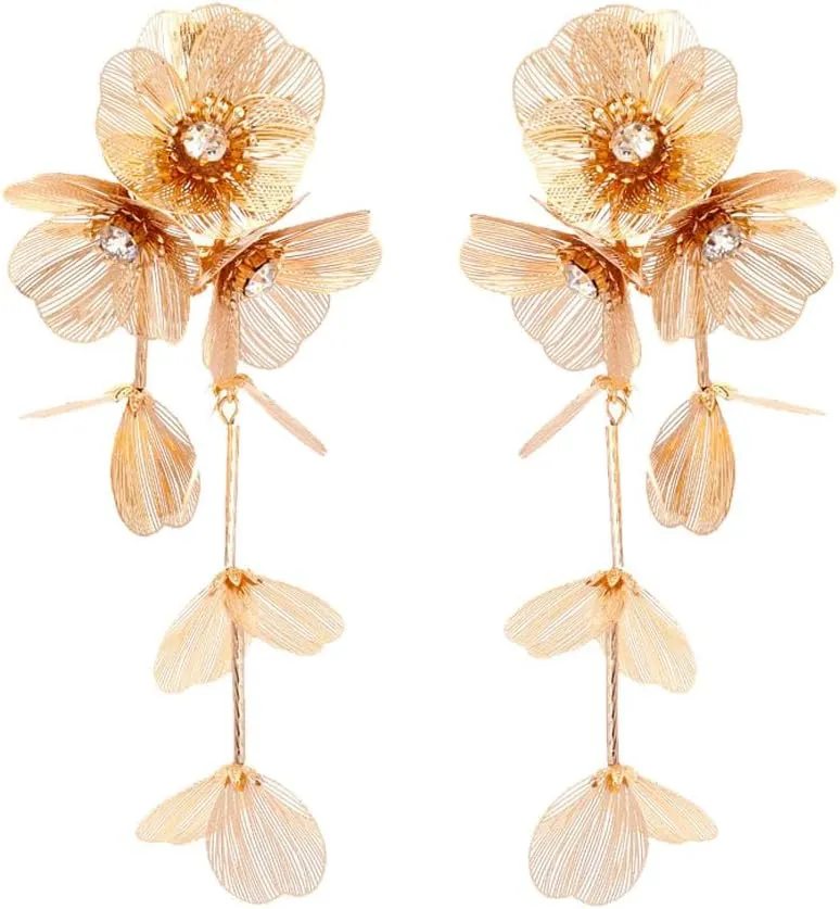 Gold Metal Flower Long Tassel Earrings for Women Crystal Floral Drop Dangle Earrings Statement Bar Ear Drop for Women Bohemian Jewelry for Women