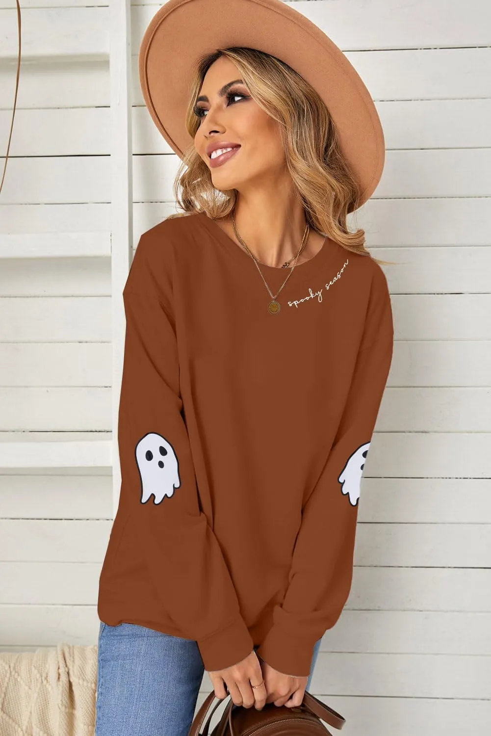 HEBBE Spooky Season Sweatshirts Halloween Ghost Sweatshirt Women - Halloween Graphic Crewneck Tops Casual Sweater