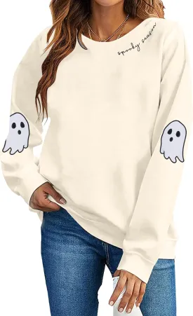 HEBBE Spooky Season Sweatshirts Halloween Ghost Sweatshirt Women - Halloween Graphic Crewneck Tops Casual Sweater