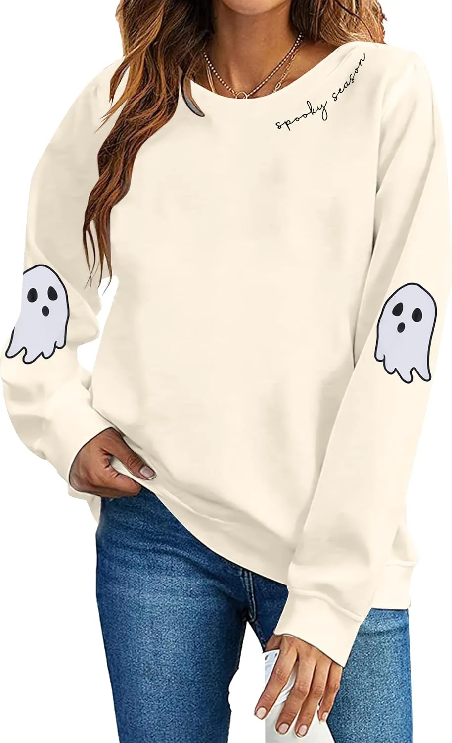 HEBBE Spooky Season Sweatshirts Halloween Ghost Sweatshirt Women - Halloween Graphic Crewneck Tops Casual Sweater
