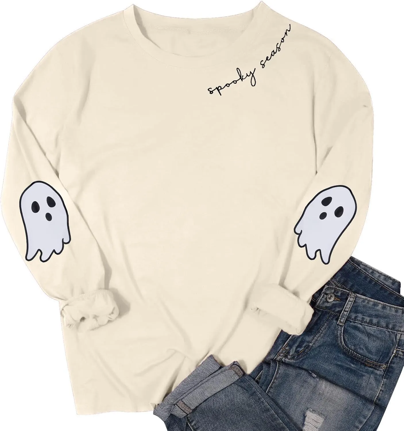 HEBBE Spooky Season Sweatshirts Halloween Ghost Sweatshirt Women - Halloween Graphic Crewneck Tops Casual Sweater